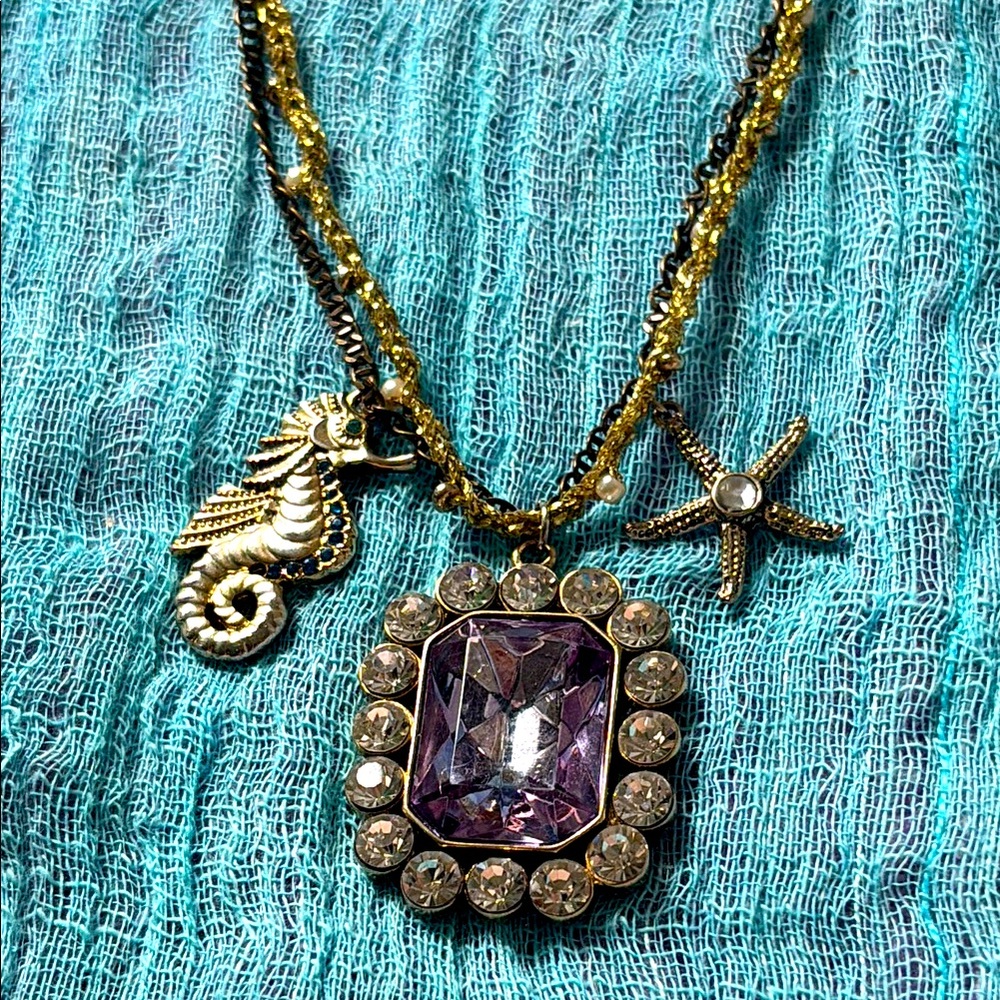 Betsey Johnson Seahorse Starfish Gold and Purple Pendant Ocean Necklace - Picture 2 of 7